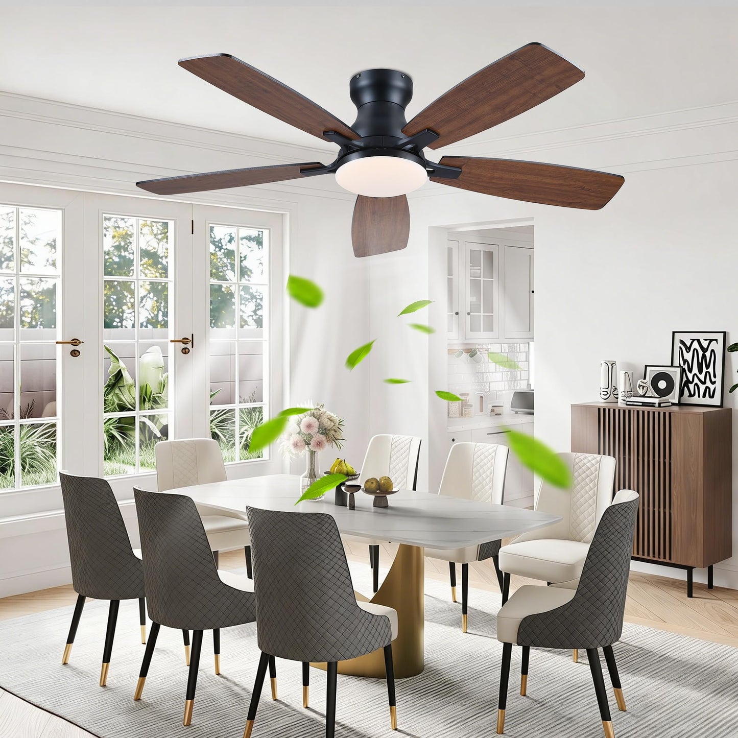 JSAITEE Ceiling Fan with Lights and Remote Control - 46In Flush Mount Ceiling Fan with 3CCT Dimmable, 6 Wind Speeds and Timing, Low Profile Fan for Modern Bedroom, Kitchen, Living Room