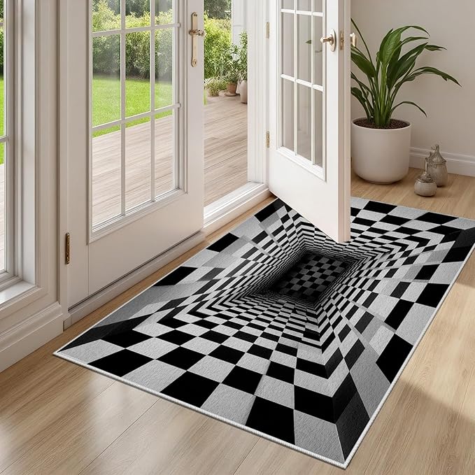 Optical Illusion Rug - Black and White Rug for Living Room, Soft Ultra Soft Faux Wool 5x6 Area Rugs Floor Mats, Non Slip&Non-Shedding Low Pile Checkered Washable Rugs, Abstract Geometric Carpet