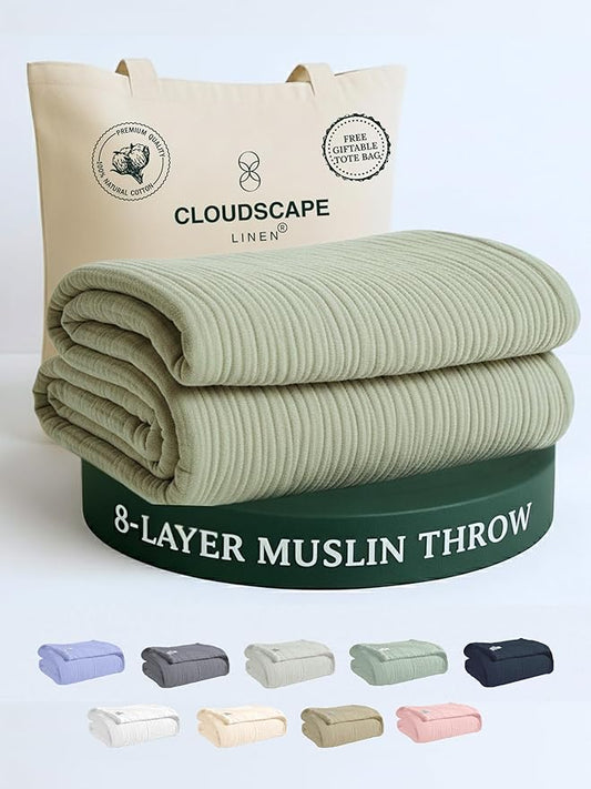 Cloud Scape Linen Extra Large 8 Layer Muslin Throw Blanket - 100% Cotton Gauze, Soft and Breathable, Winter Blanket for Couch, Sofa and Bed, Idea, 50x70, Sage Green