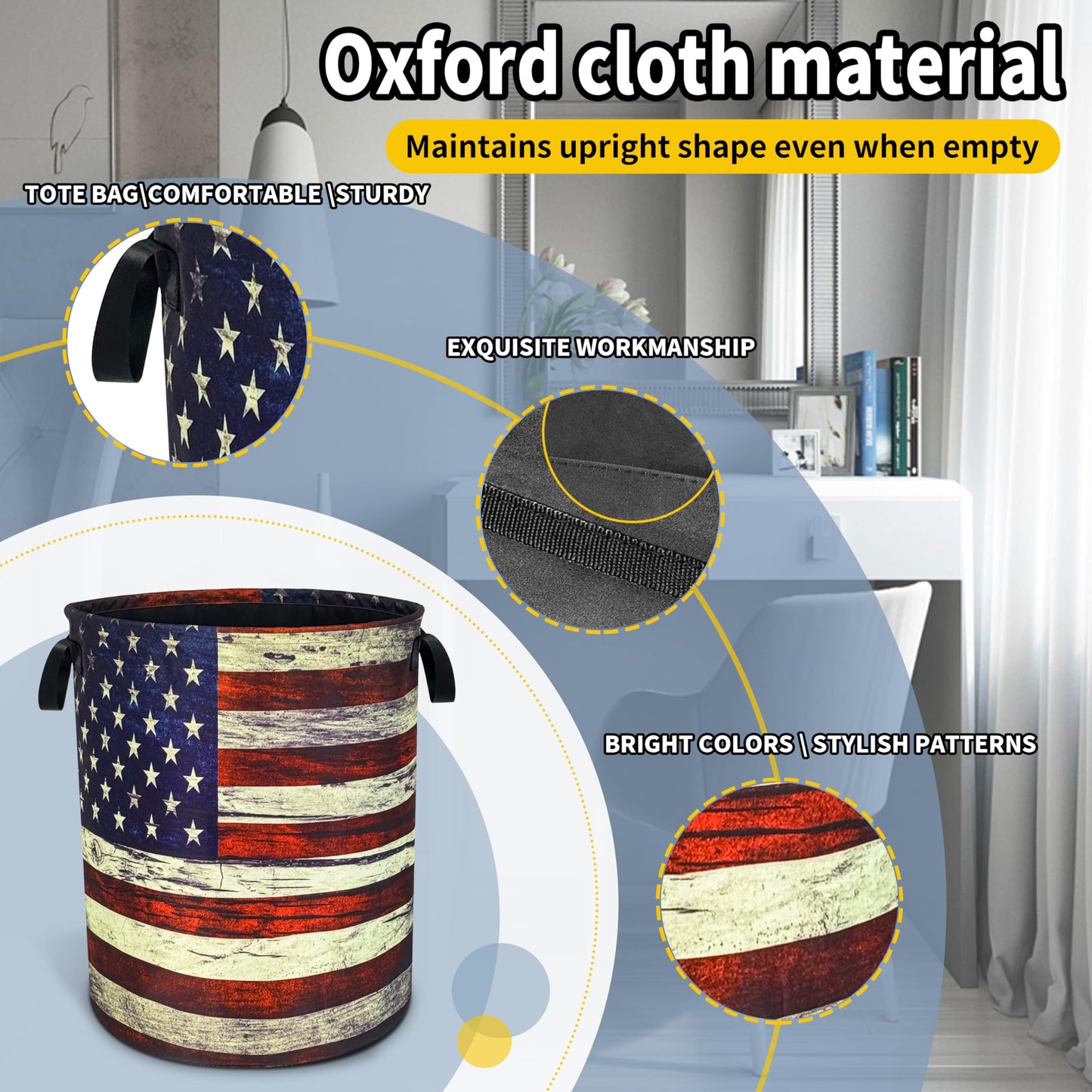 Retro American Flag Laundry Basket Patriotic Foldable Oxford Cloth Funny Tote Bag Laundry Hamper Clothes Storage Bucket Organizer For Bathroom/Laundry Storage/Bedroom 18.9x16.5 Inch