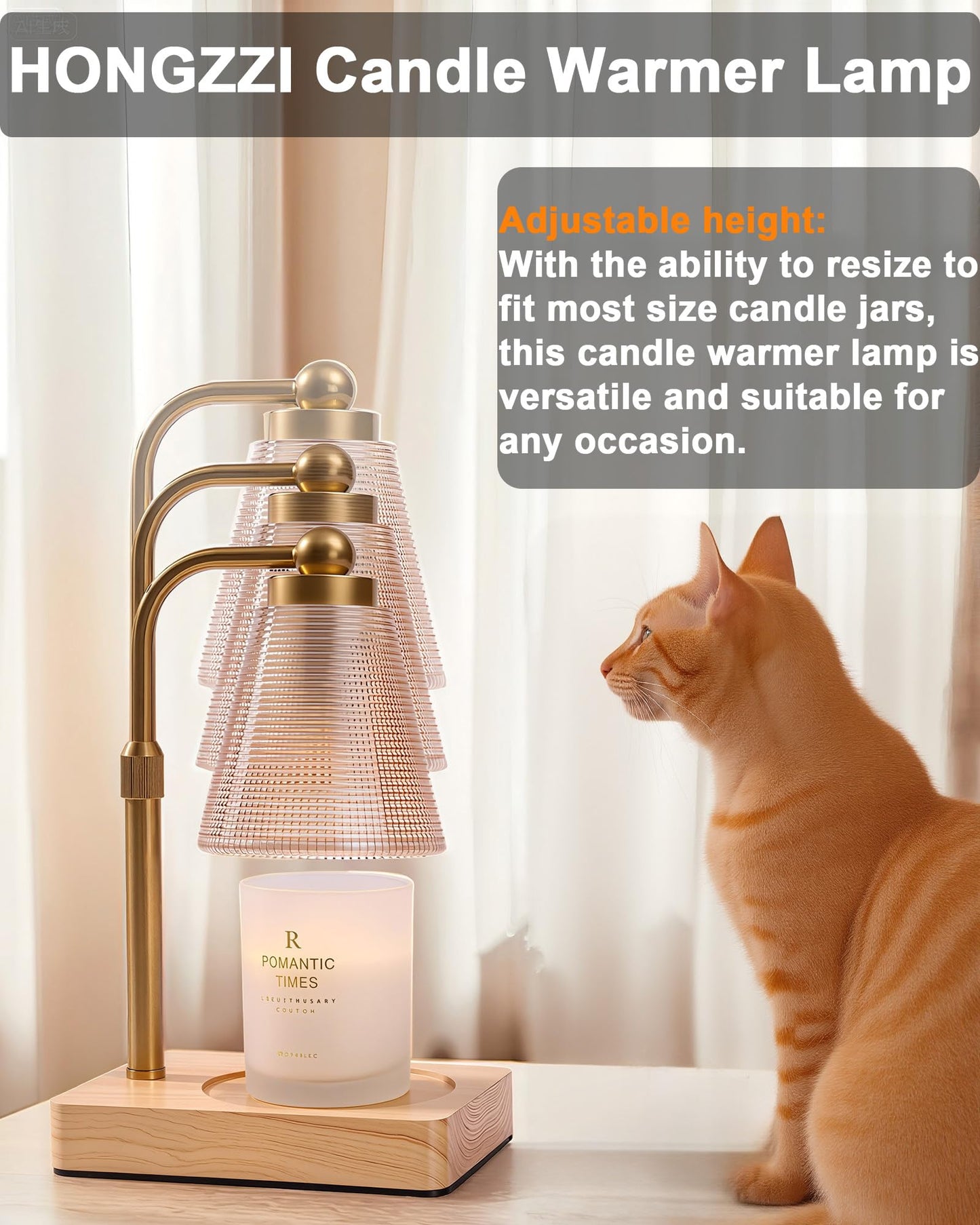 HONGZZI Candle Warmer Lamp with Timer - Adjustable Height & Brightness - Wood Base Glass Shade - 2 Bulbs Included(Square Gold)