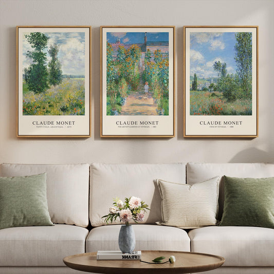 3 Piece Framed Monet Landscape Wall Art for Living Room, Vintage Impressionist Nature Canvas Prints Painting, Classic Tree Picture Artwork Decor for Bedroom Hallway 16x24 Inch