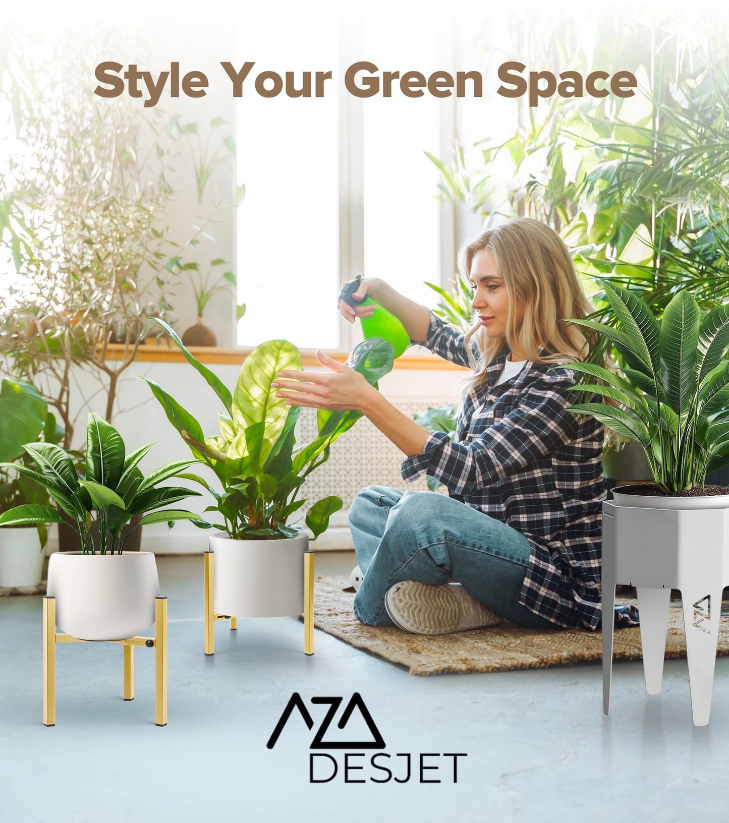 AZADESJET Plant Stand Indoor Adjustable, Metal Modern Indoor Plant Stand, Heavy Duty Plant Stands Outdoor Corner, Stable Plant Holder, Fits 8 to 12 Inches Pots, Gold, 1 Pack, Pot & Plant Not Included