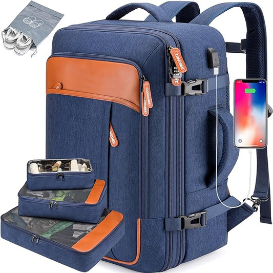 Lumesner Carry on Travel Backpacks, Extra Large 40L Flight Approved for Men & Women,Expandable Suitcase backpack (Blue (Backpack With 4 Packing Cubes))