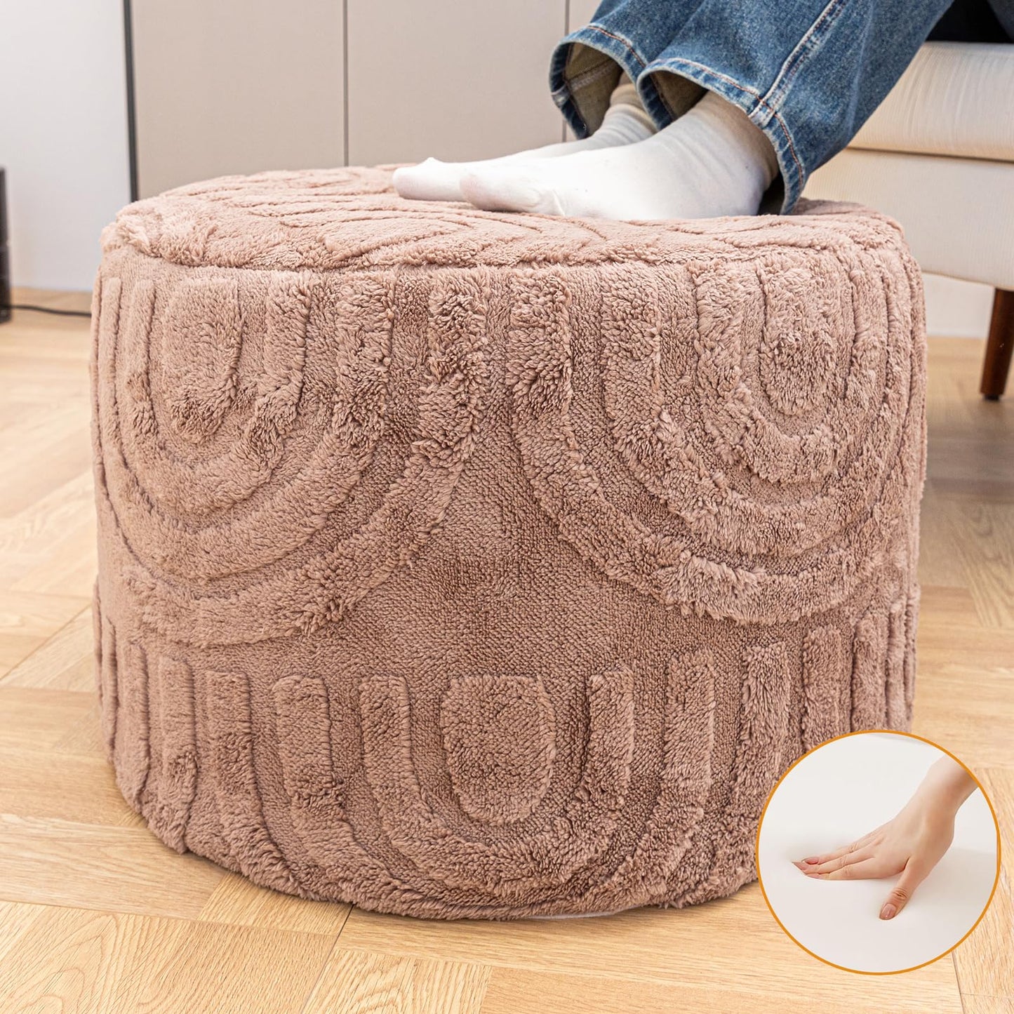 Beawelkomjo Round Plush Ottoman Pouf Stuffed– Fluffy Ottoman Foot Rest with Modern Foam Filler 20" x 14" Cozy Floor Pouf for Living Room & Bedroom