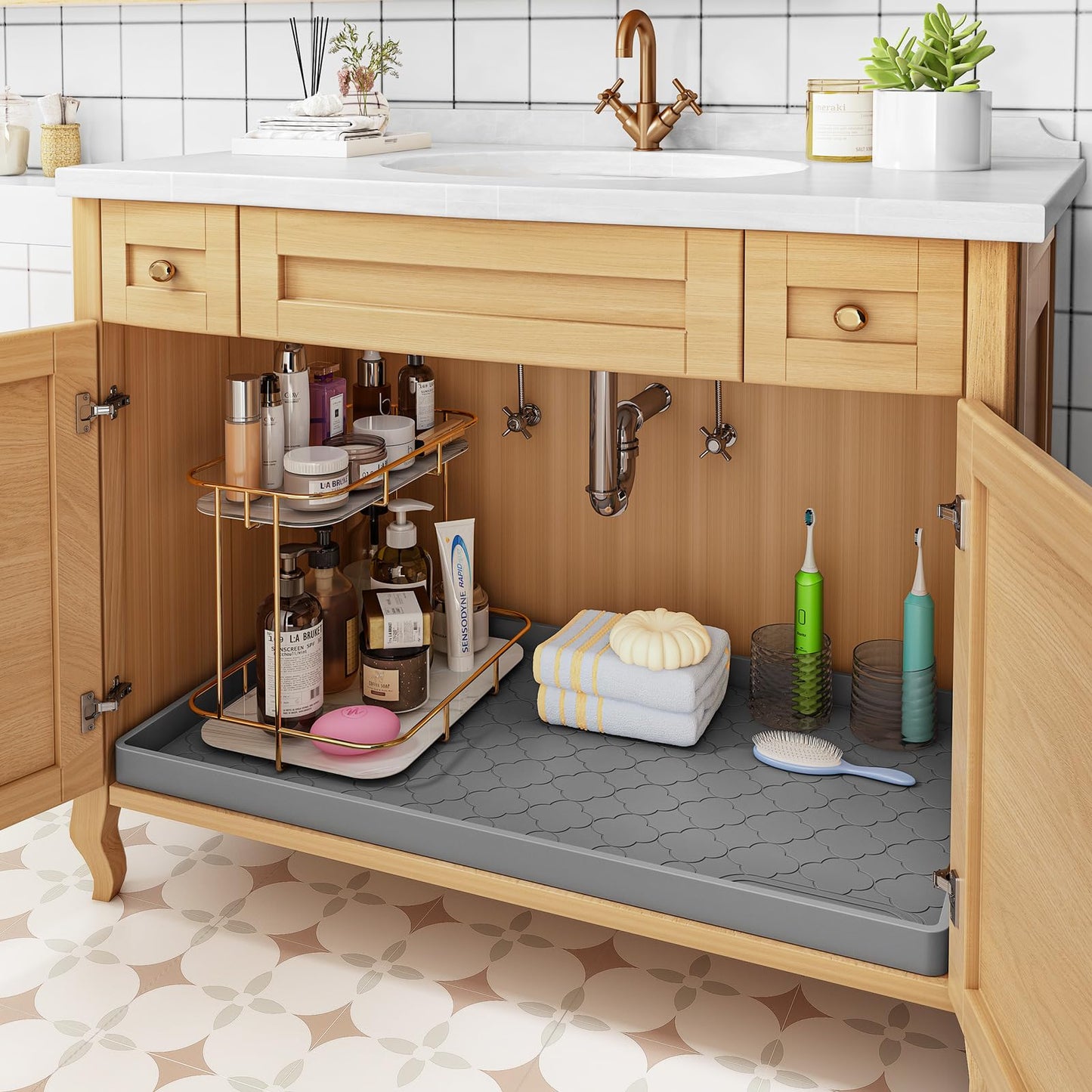 Jin&Bao Waterproof Under Sink Mat 22" x 19", Thick Silicone Mat Cabinet Protector for Kitchen and Bathroom, Shelf Liner, Home Organizer and Storage, Multipurpose Tray for Gadgets and Essentials