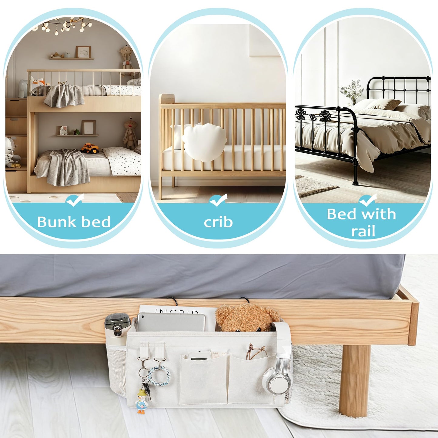 Loghot Bedside Caddy/Bedside Storage Bag Hanging Organizer for Bunk and Hospital Beds,Dorm Rooms Bed Rails,Can be Placed Glasses,Books,Mobile Phones,Keys (White)