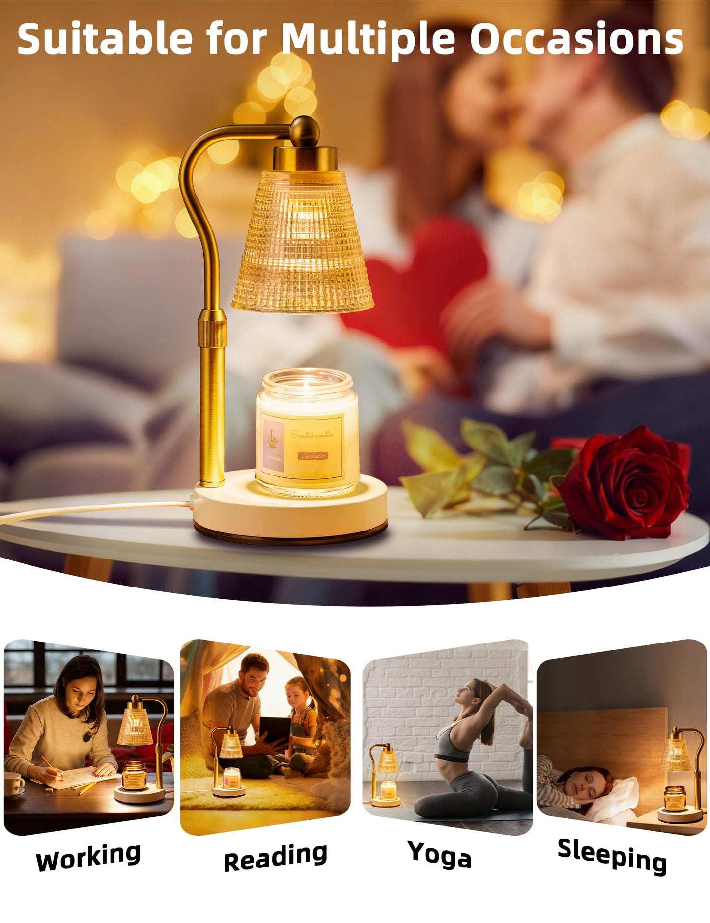 Candle Warmer Lamp for Jar Candles, Height Adjustable & Dimmable with 2/4/8H Timer, 2*50W Halogen Wax Melter Warmer for Home Office Décor, Flameless & Smokeless, Gift for Women Mom,Gold- Amber/1 Pack