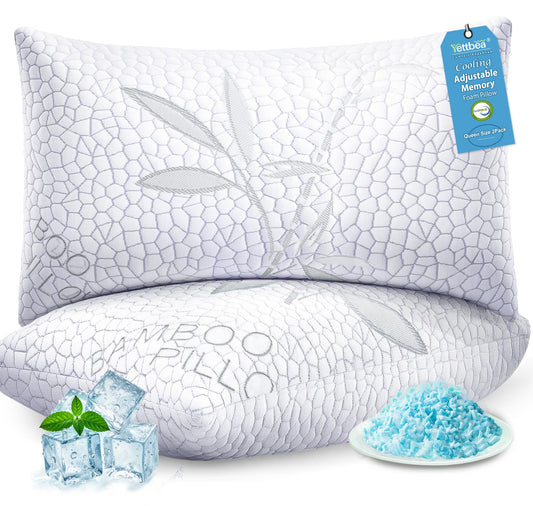 Yettbea Shredded Memory Foam Cooling Pillows Queen Size Set of 2, Supportive Firm Bamboo Bed Pillows- Adjustable Loft with Zippered Cover for Hot, Side, Back, Stomach Sleeper