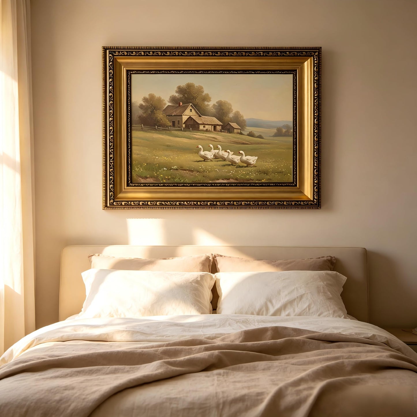 Gold Framed Vintage Landscape Canvas Wall Art farmhouse goose pictures