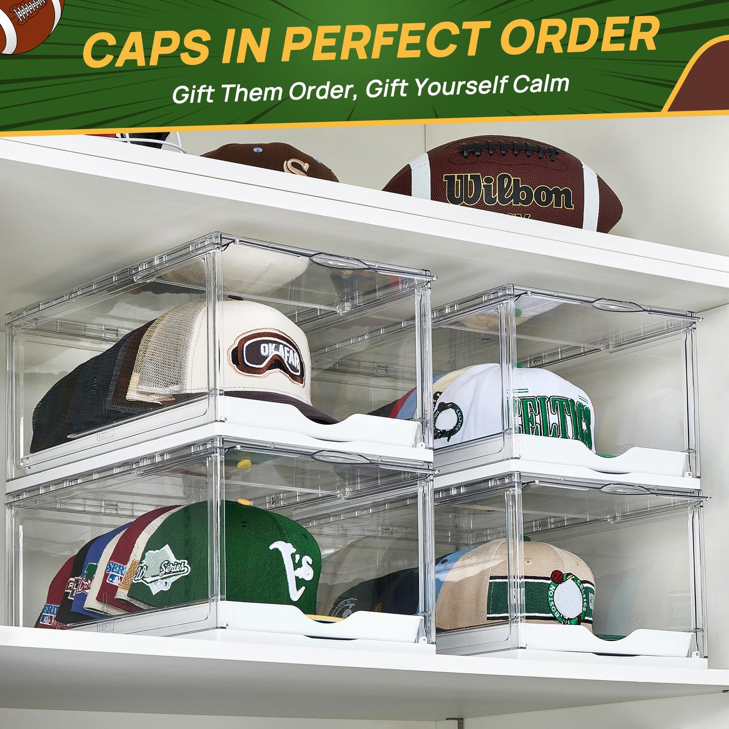 Vtopmart 2 Pack Clear Hat Organizer Drawer for Baseball Caps, Stackable Display Case with Magnetic Door, Each Holds 12 Hats