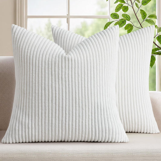 Mecatny Corduroy Decorative Throw Pillow Covers 24x24 Set of 2 for Sofa Living Room, Soft Neutral Boho Couch Pillow Covers for Home Decor, White