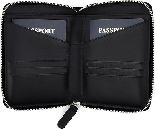 Full Grain Leather Passport Holder for 2 Passports - Dual Passport Holder and Travel Documents Organizer - RFID Travel Wallet for Couples - Black