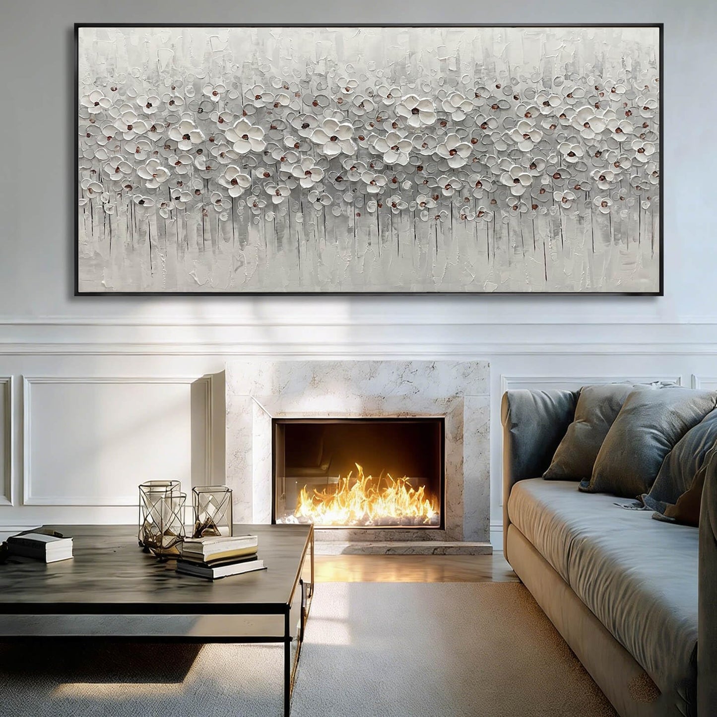 SDYA Oversized White Flower Wall Art, Hand Painted Floral Canvas Paintings With Frame, Extra Large Modern Wall Decor for Living Room Bedroom Office 40"x86"