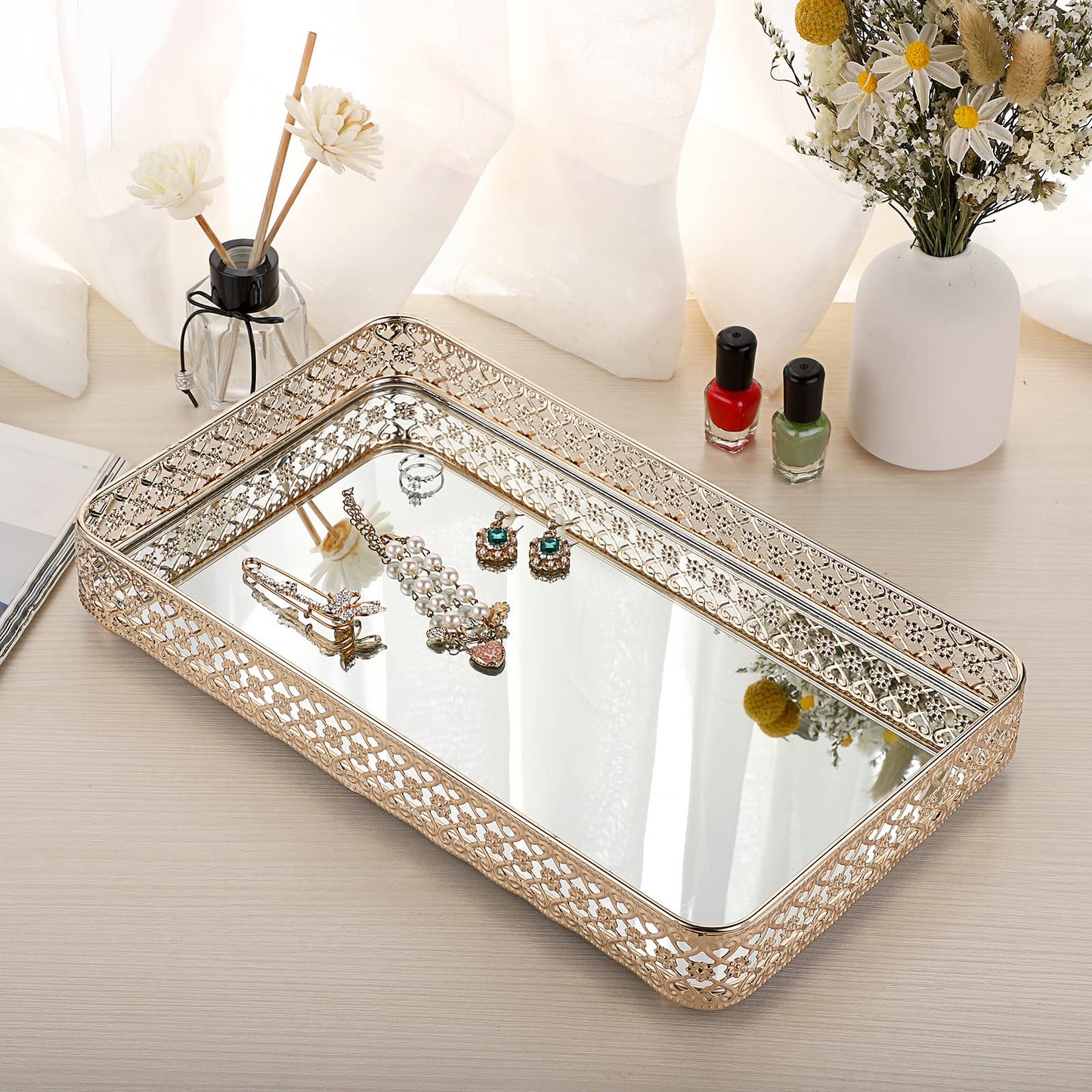 ELLDOO Gold Perfume & Makeup Vanity Tray - Hollow-Carved Jewelry Storage, Glass & Metal Trinket Organizer for Dresser & Bathroom Countertop, Large Size