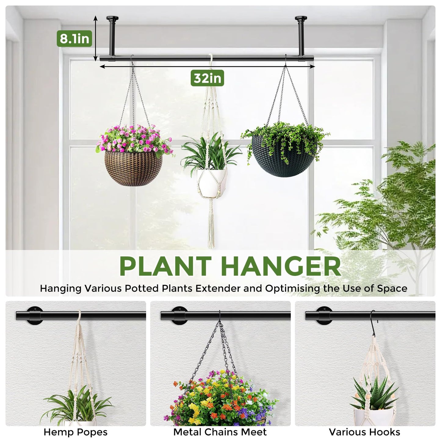 Mogaath Window Plant Hanger Indoor, 32 Inch Heavy Duty Plant Hanging Rod, 1 Inch Metal Hanging Plant Holder for Window Wall, Matte Black Round Flange Base, Pot Not Included