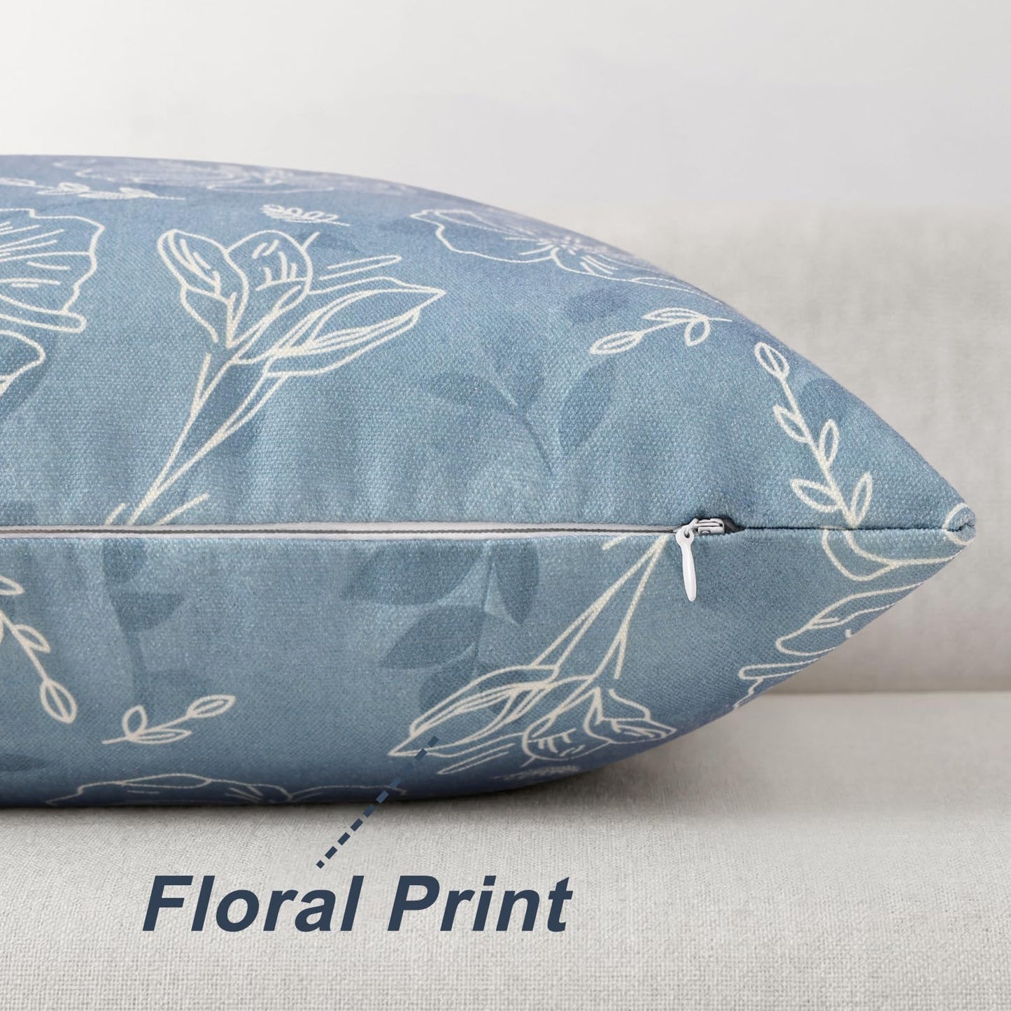 decorUhome Floral Botanical Pillow Covers 20x20 Set of 2, Faux Linen Decorative Throw Pillow Covers with White Line Flower Print for Couch Sofa Bed, Blue