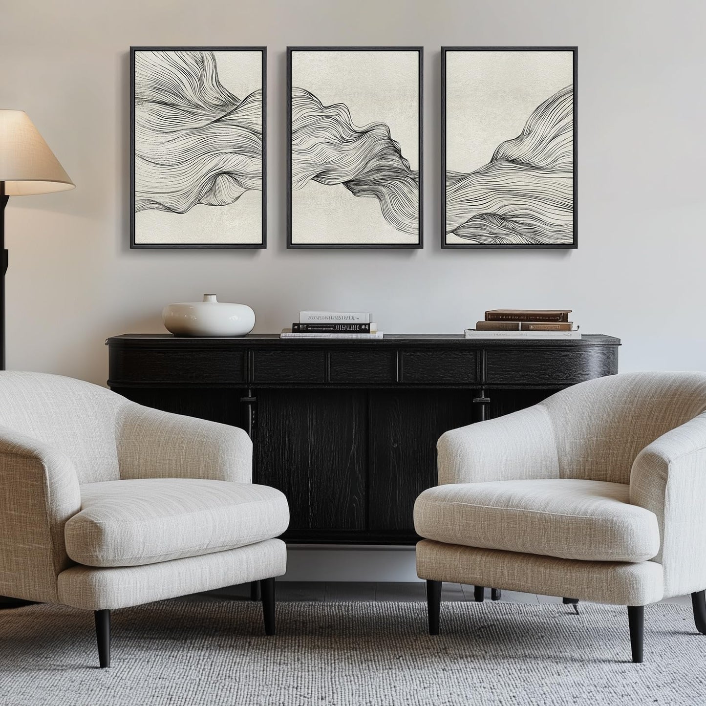 Framed Black and Beige Abstract Wall Art, 3 Piece Modern Canvas Prints Paintings Artwork for Walls, Minimalist Abstract Line Pictures for Living Room Dining Room Bedroom Office Wall Decor 16x24 In