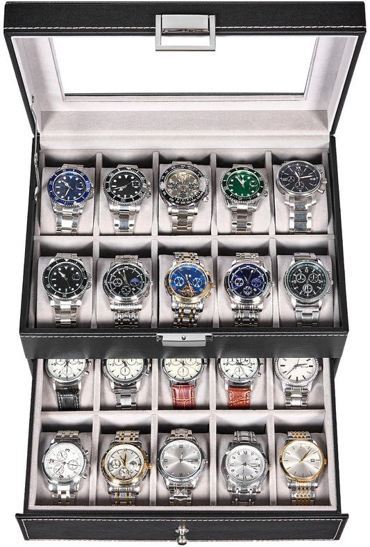 BEWISHOME Watch Case, 20-Slot Watch Box Organizer for Men Watch Case with Large Glass Lid Watch Travel Case Removable Watch Pillows, Mens Jewelry Box Watch Display Case, Watch Storage, Black SSH04B