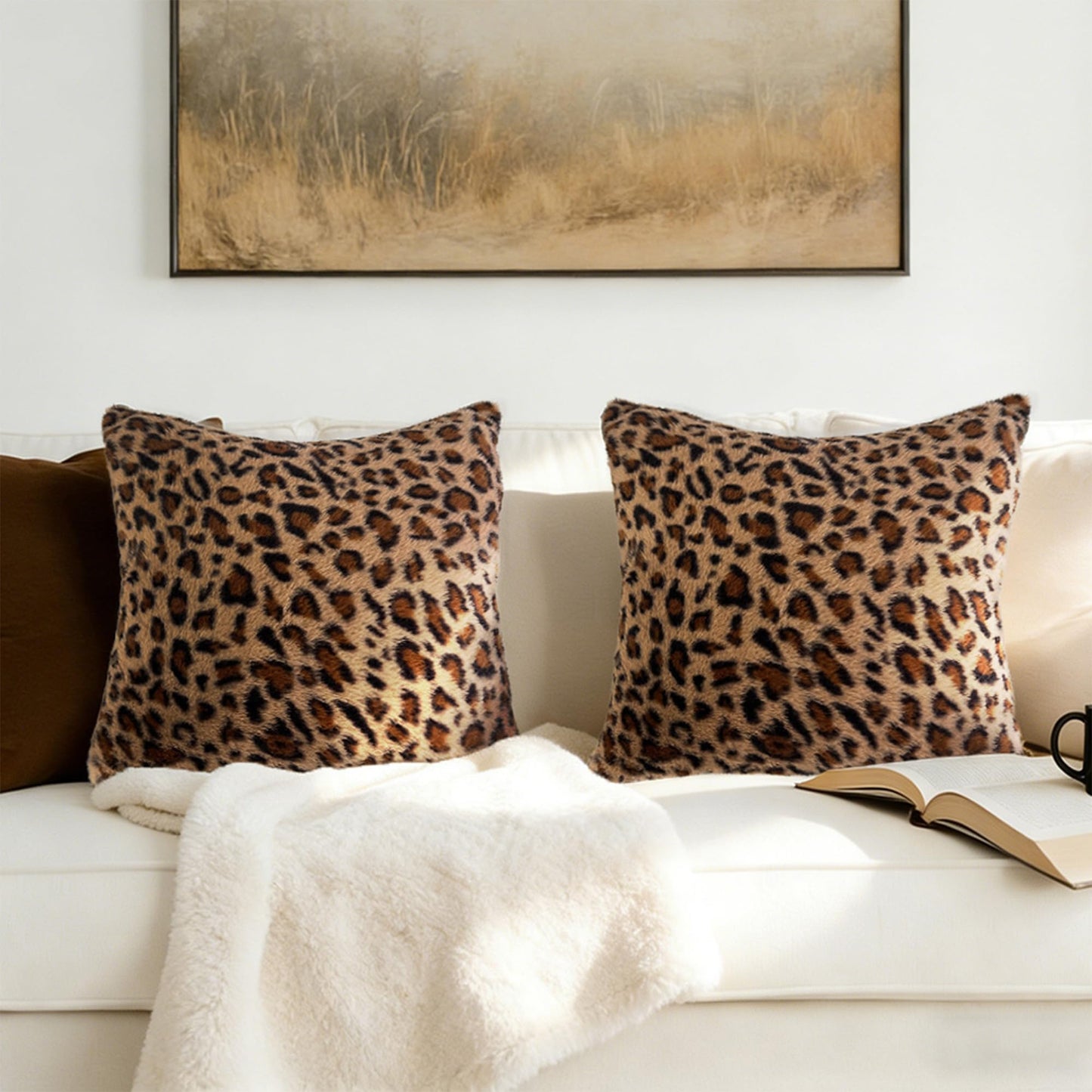 Waiyear Cheetah Print Throw Pillow Covers Faux Fur Leopard Pillow Covers 18x18 Soft Fluffy Cushion Cases for Couch Sofa Bedroom Living Room Decor, Brown Set of 2