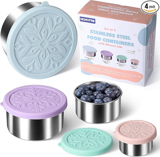 Homotte Stainless Steel Containers with Lids - Stackable Toddler Snack Containers, 18/8 Stainless Steel Lunch Box for Kids Adults, Leakproof Metal Food Storage Containers (4Pack: 3oz, 7oz, 13oz, 22oz)