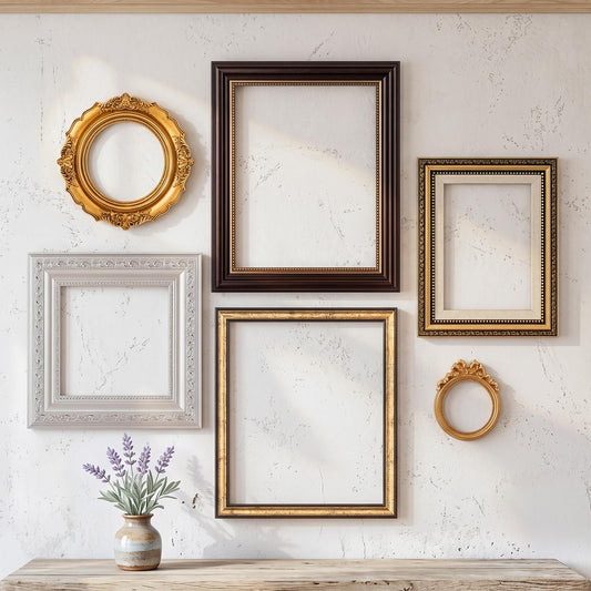 Kathfly 6 Pack Vintage Empty Picture Frames Baroque Gold Decor for Wall, 8" x 10", 4" x 6" Decorative Antique Mixed Shapes Picture Frames Set for Bedroom Living Room Gallery Wall(Modern)