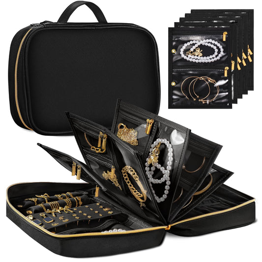 KPWEPK Travel Jewelry Organizer Case for Women, Jewelry Travel Case with 5 Zipper Pouches, Jewelry Organizer for Necklaces Earrings Rings Bracelets, Travel Jewelry Storage Bag (Black)