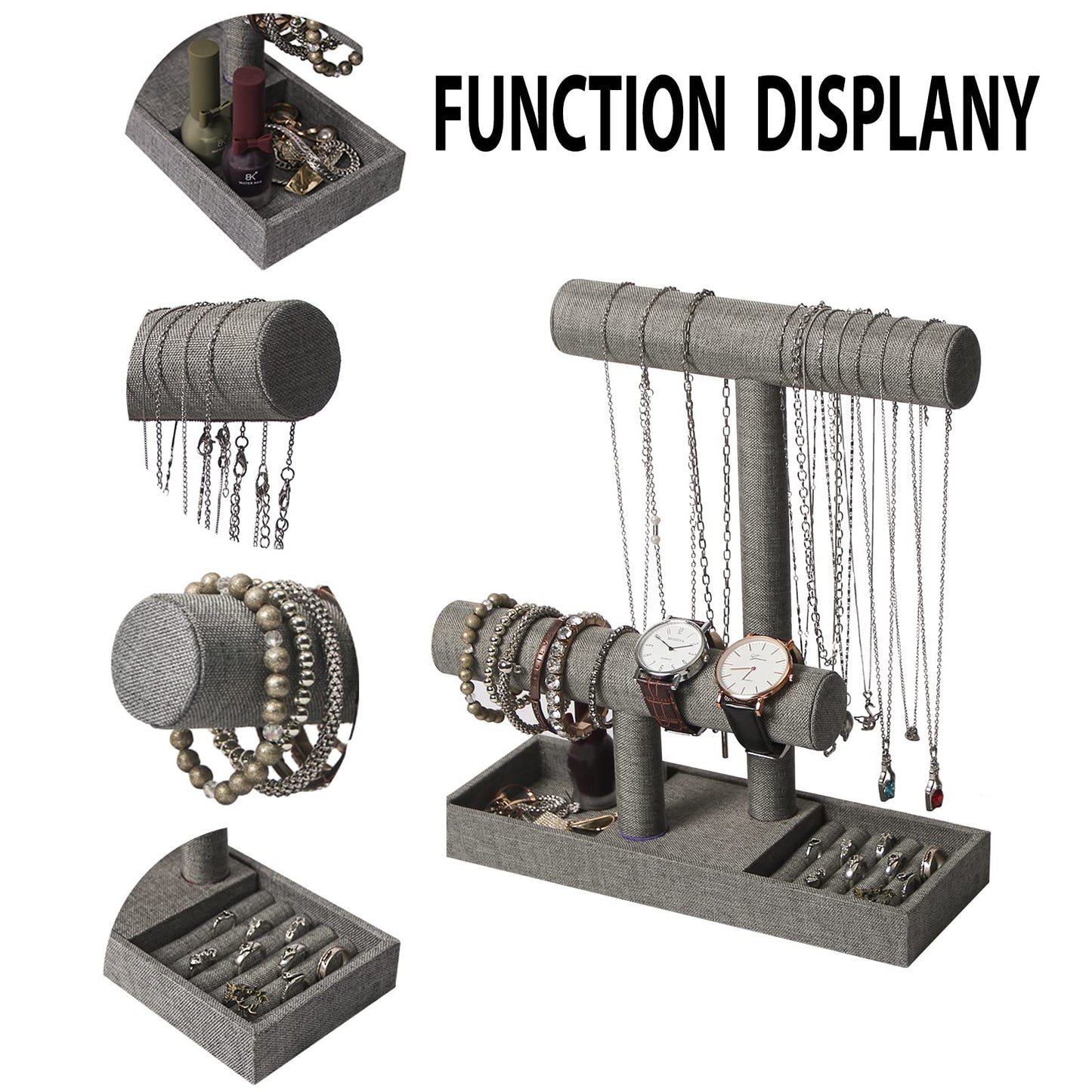Coward 2 Tier Necklace Bracelet Holder Organizer with Ring Tray, Linen Jewelry Display Stand for Watch Scrunchie Lipstick, Perfumes,Nail polish (Gray Linen)