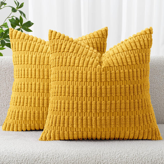MIULEE Pack of 2 Corduroy Decorative Throw Pillow Covers 20x20 Inch Soft Boho Striped Pillow Covers Modern Farmhouse Home Decor for Summer Sofa Living Room Couch Bed Mustard Yellow