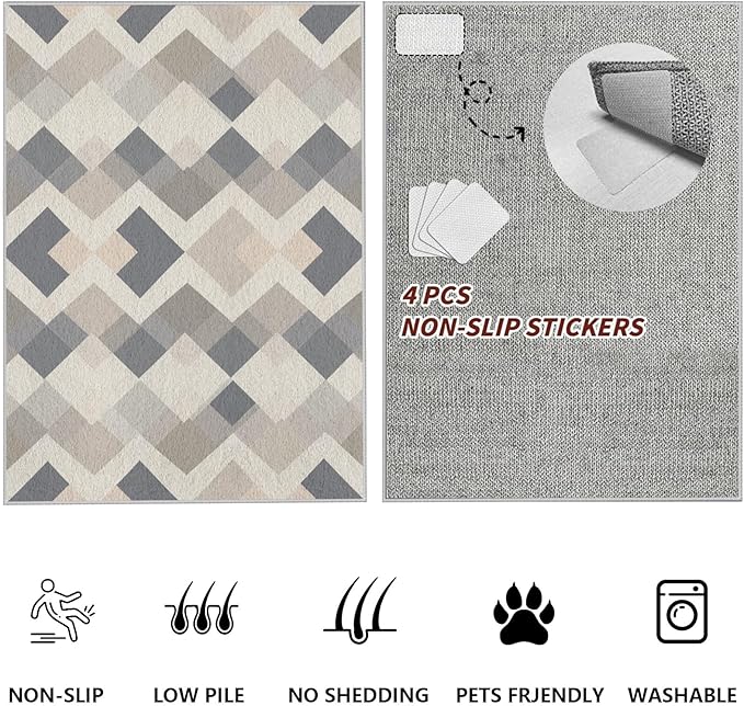 Modern Area Rug Living Room Rugs 6x9, Minimalist Soft Boho Geometric Rug, Non-Slip Washable Low Pile Non Shedding Carpet for Bedroom Office Dining Room Kitchen Nursery, Gray Beige White