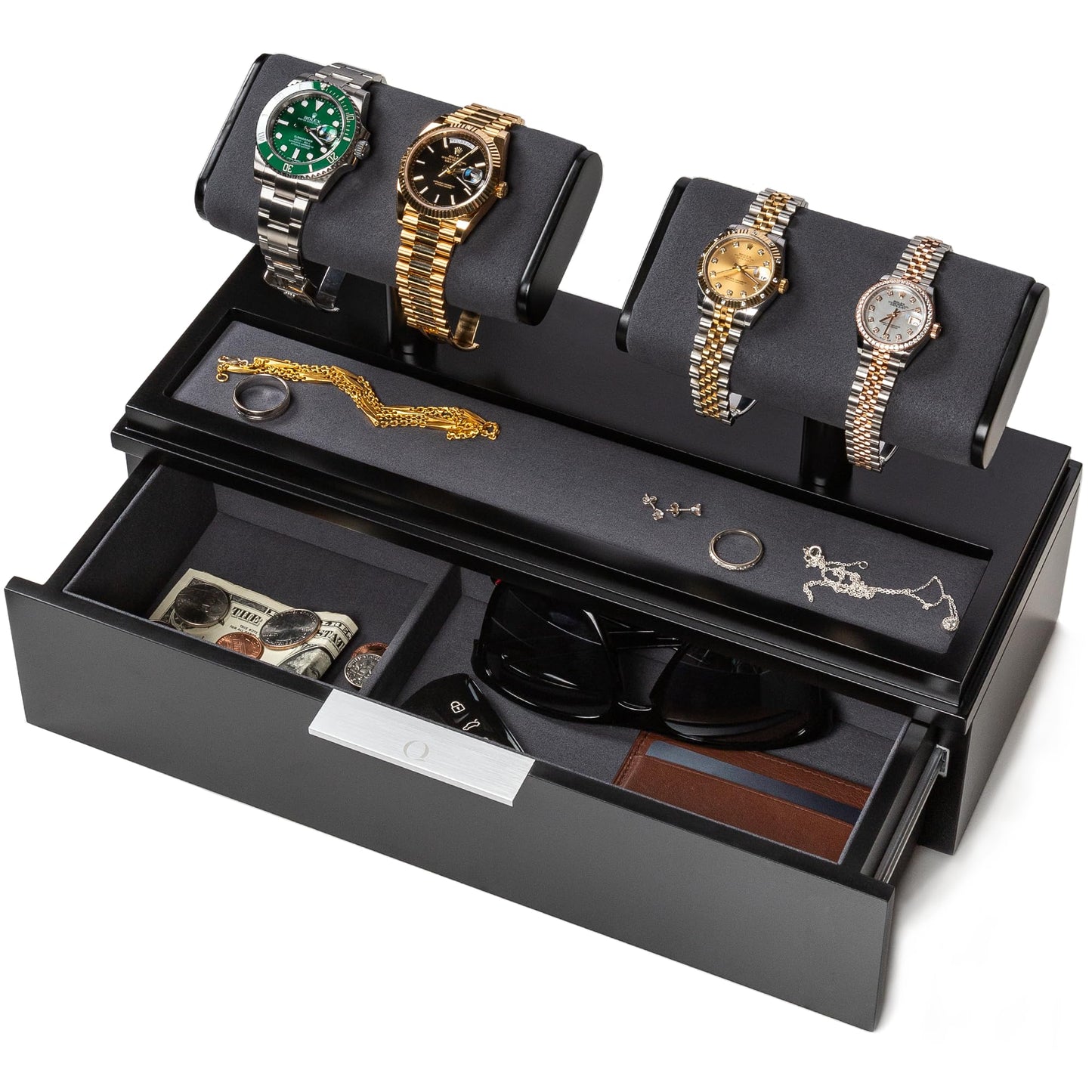 QWATCH Watch Stand Display Case - Acrylic Watch Box for 2 or 4 Watches with Jewelry Valet Tray and Drawer