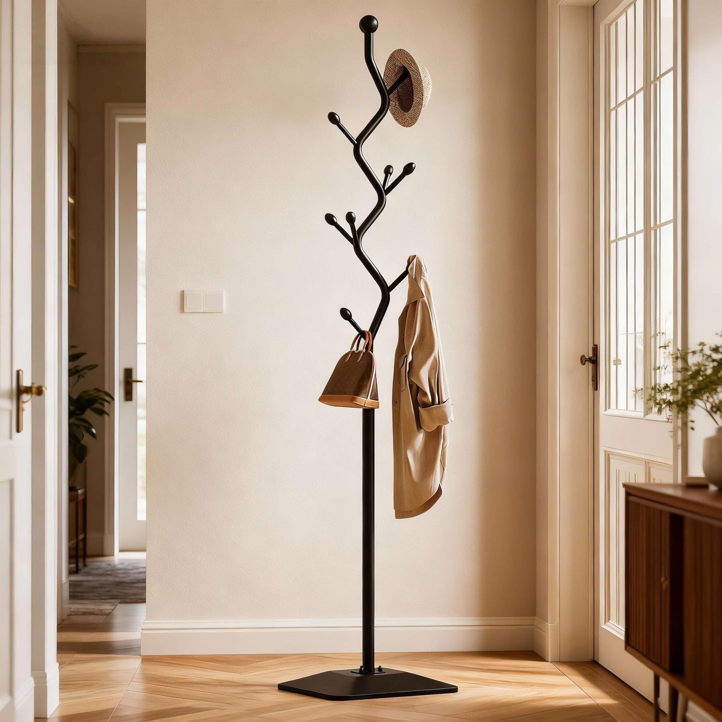 IRNCLD Sturdy Metal Coat rack Tree – Anti-Tip Design with 8 Hooks, Perfect for Home, Dorm, or Office Organization (black)