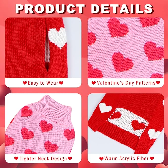 GOYOSWA 2 Pack Valentine Dog Sweater Dog Valentines Clothes Outfit Knitted Heart Sweater for Small Medium Large Dogs Pets (Red & Pink, X-Large)