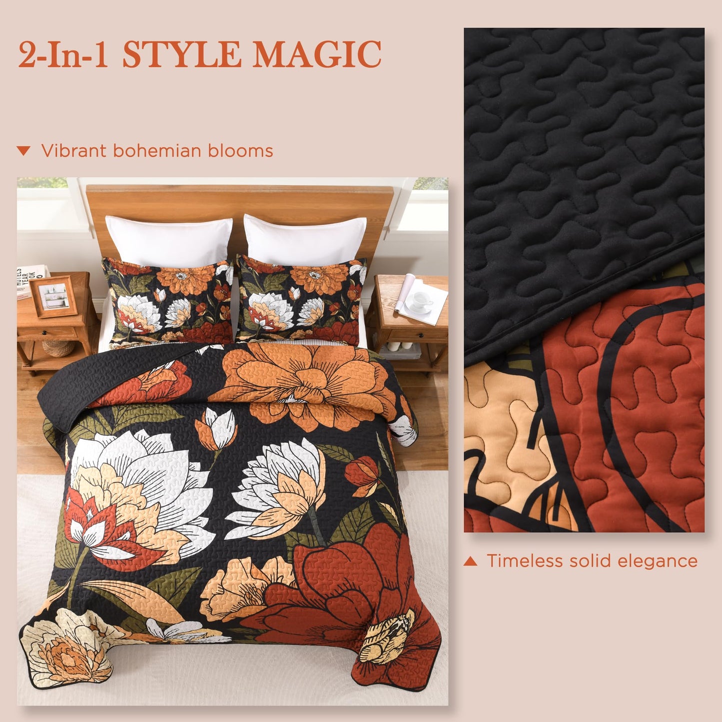 Andency Floral Boho Quilt King Size Bedding Set Black, 3 Pieces Farmhouse Flower Botanical Summer Bedspreads with 2 Shams, Soft Reversible Lightweight Polyester Coverlet Set for All Season, 106"x96"
