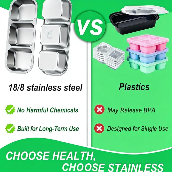 Dobyusf 2 Pack Stainless Steel Snack Containers - 3 Compartment Leak Proof Bento Box with 7oz Capacity, BPA-Free Reusable Food/Sauce Containers Containers for Office, Travel, On-the-Go Meals