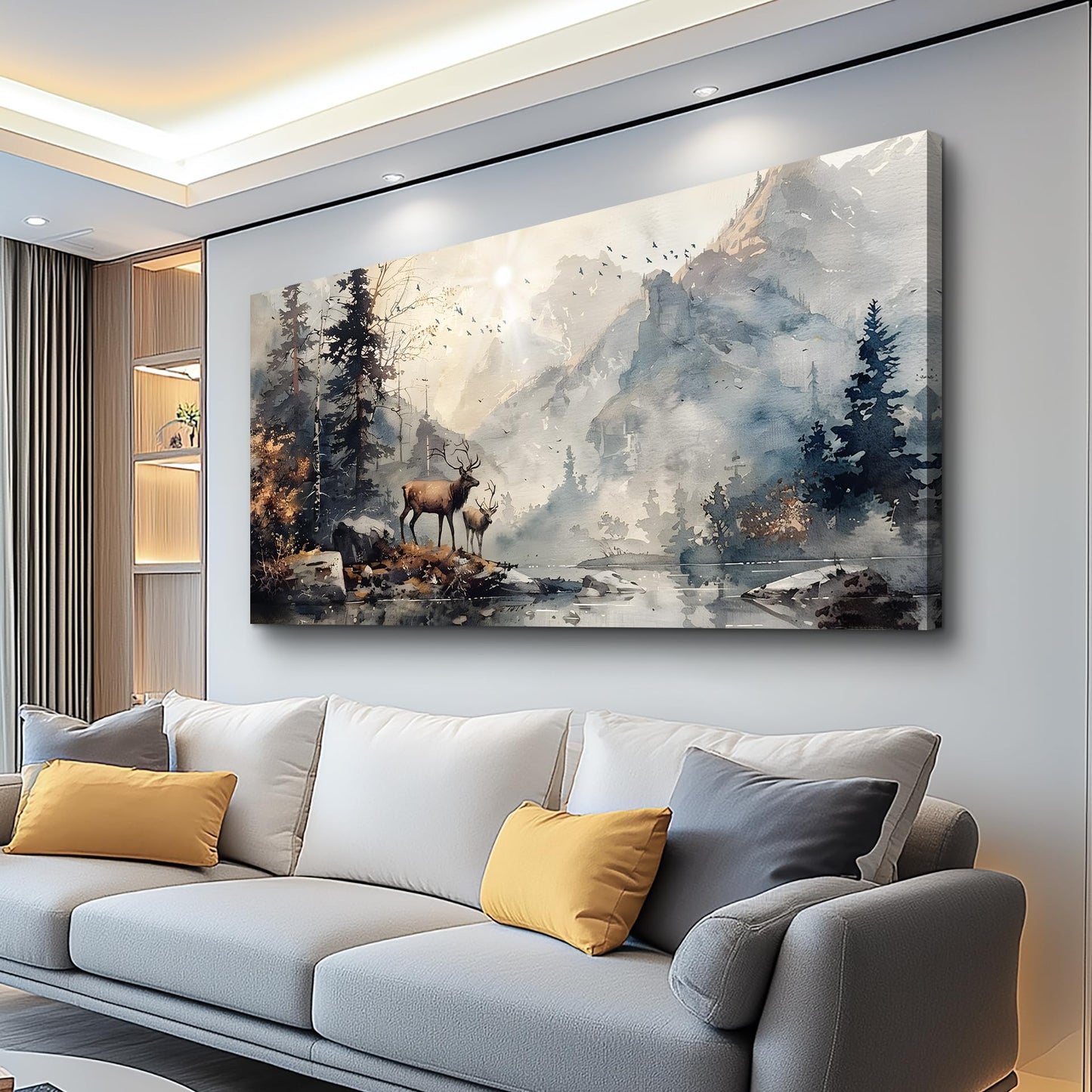 FUHAIHUA Canvas Wall Art For Living Room Large Wall Decor For Office Bedroom Wall Pictures Mountain Forest Landscape Ink Paintings Modern Poster Prints Artwork Room Home Decor Deer Mural 24x48 In