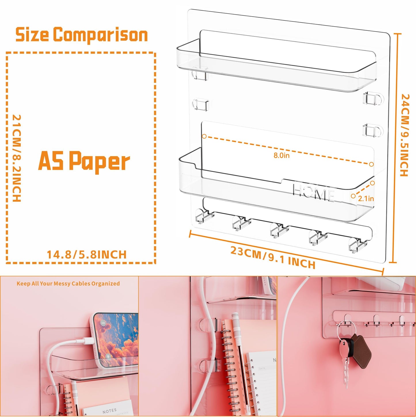 Yieach Bedside Shelf for Dorm Bed,Rv,Small Room and Nightstand,Wall Mounted Floating Shelves and Bedside Wall Organizer for Remote,Phone Holder,Charging Shelf,Cute Bedroom Decor for College Girl,Clear