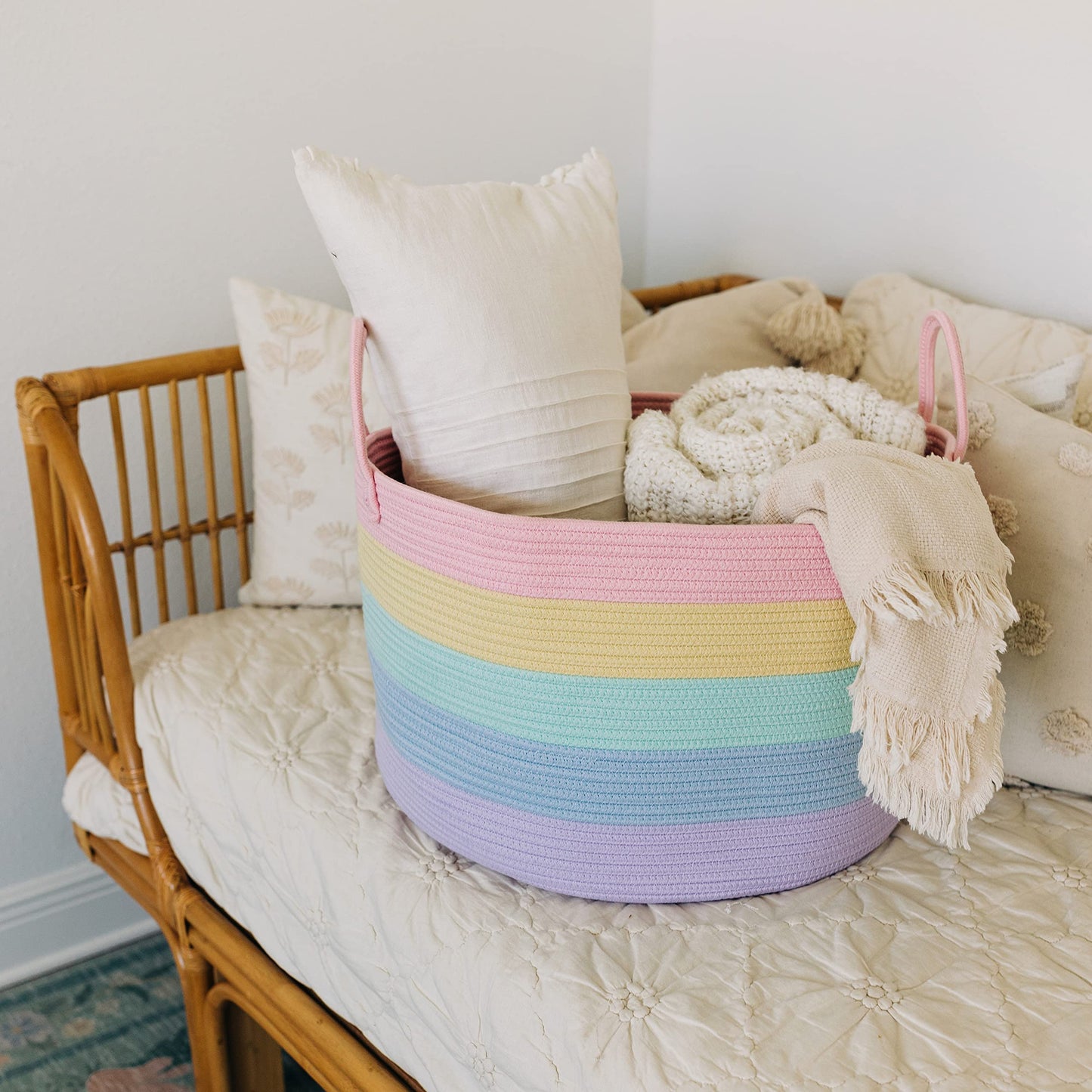 OrganiHaus Rainbow Toy Basket & Blanket Storage Bin, Nursery 20x13"