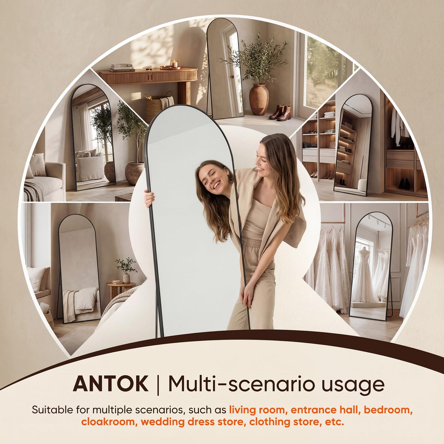 Antok 71" x28” Arched Full Length Floor Mirror, Black Aluminum Frame, Free Standing/Wall Mount/Leaning for Bedroom, Living Room, Dressing Room