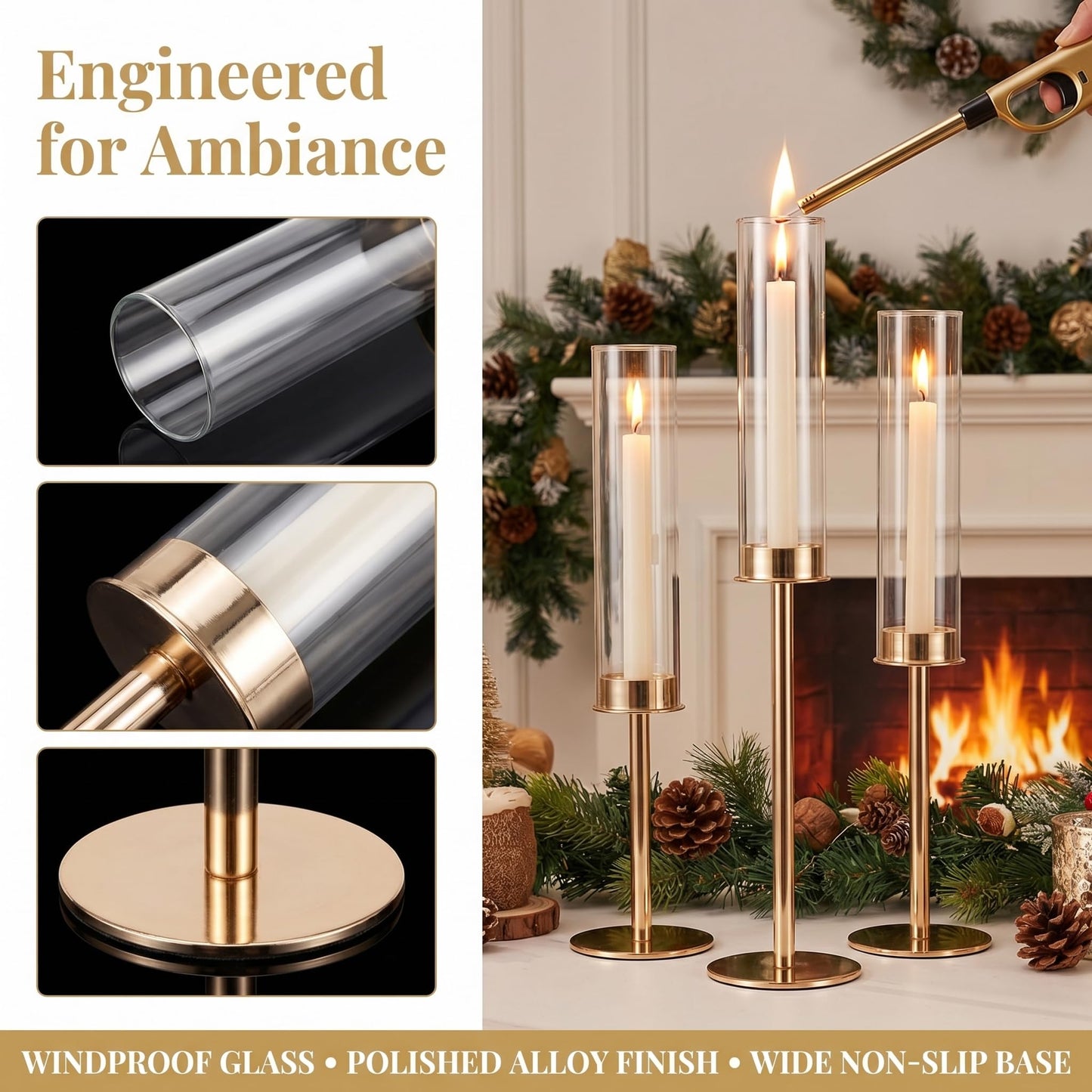 Oakernel Gold Hurricane Candle Holders Set of 12, Tall Metal Windproof Glass Taper Candle Holder for Candelabra Centerpieces for Dining Table, Wedding, Party & Fireplace Mantel Decor