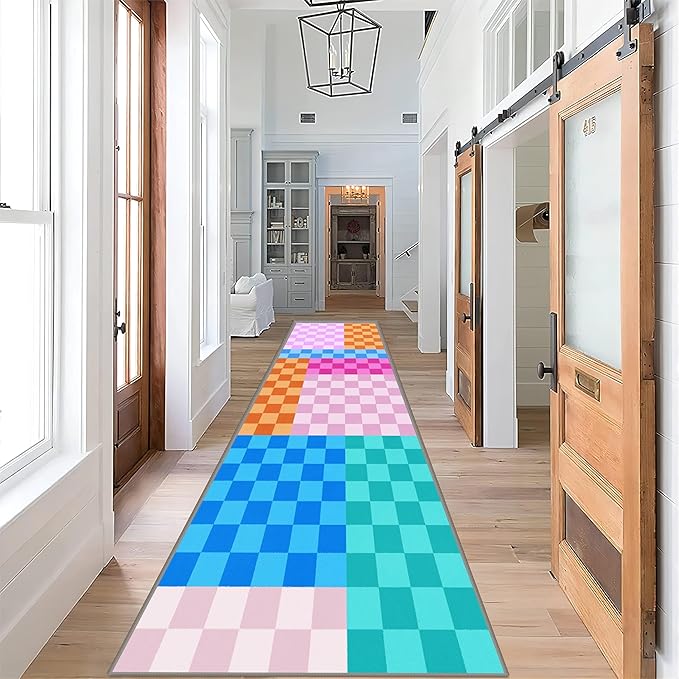 Multicolored Checkerboard Grid Runner for Entryway, 4x12ft, Boho Colorful Checkered Pattern Kids Playing Mat, Cozy Soft Absorbent Reduce Noise Rugs, Durable Washable Carpet for Family