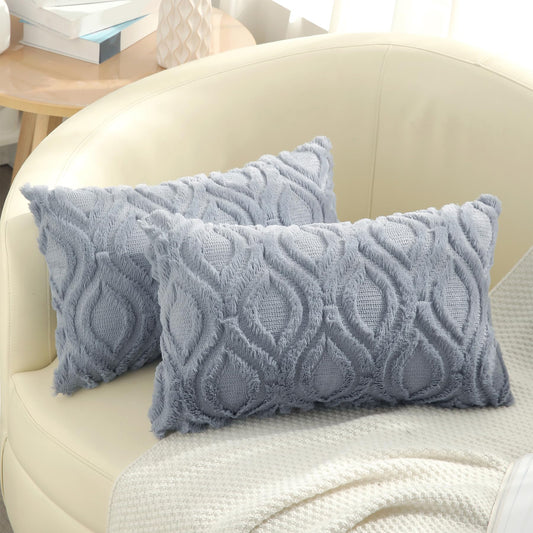 decorUhome Throw Pillow Covers 12x20 Inch Set of 2, Soft Plush Faux Wool Blue Grey Solid Couch Pillow Covers, Accent Farmhouse Neutral Rectangle Pillow Cases for Sofa Bed Living Room