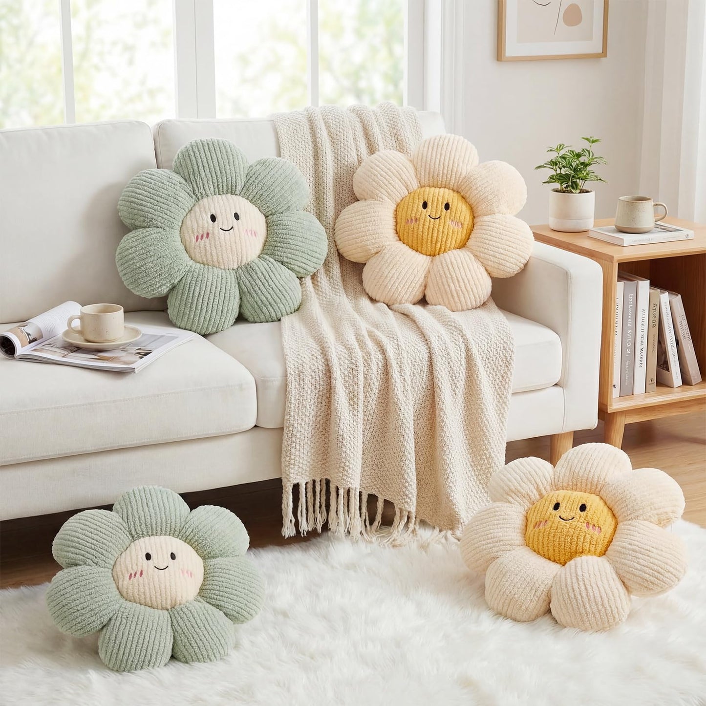 Novabright 2 Pcs Smile Flower Throw Pillows 15" White Flower Throw Pillows Decorative Daisy Floor Seating Cushion Aesthetic Cute Seat Cushion for Bed Sofa Couch Home Decor Bedroom Living Room Chair