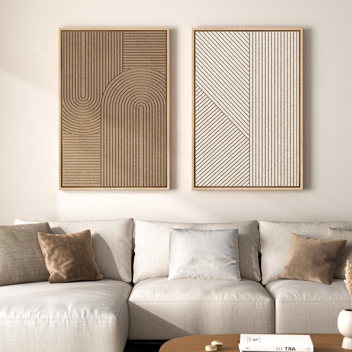Large 3D Textured Framed Neutral Abstract Wall Art Set, 2 Piece Modern Paintings Artwork for Walls, Minimalist Beige Brown Geometric Line Pictures for Living Room Entryway Bedroom Wall Decor 24x36 In