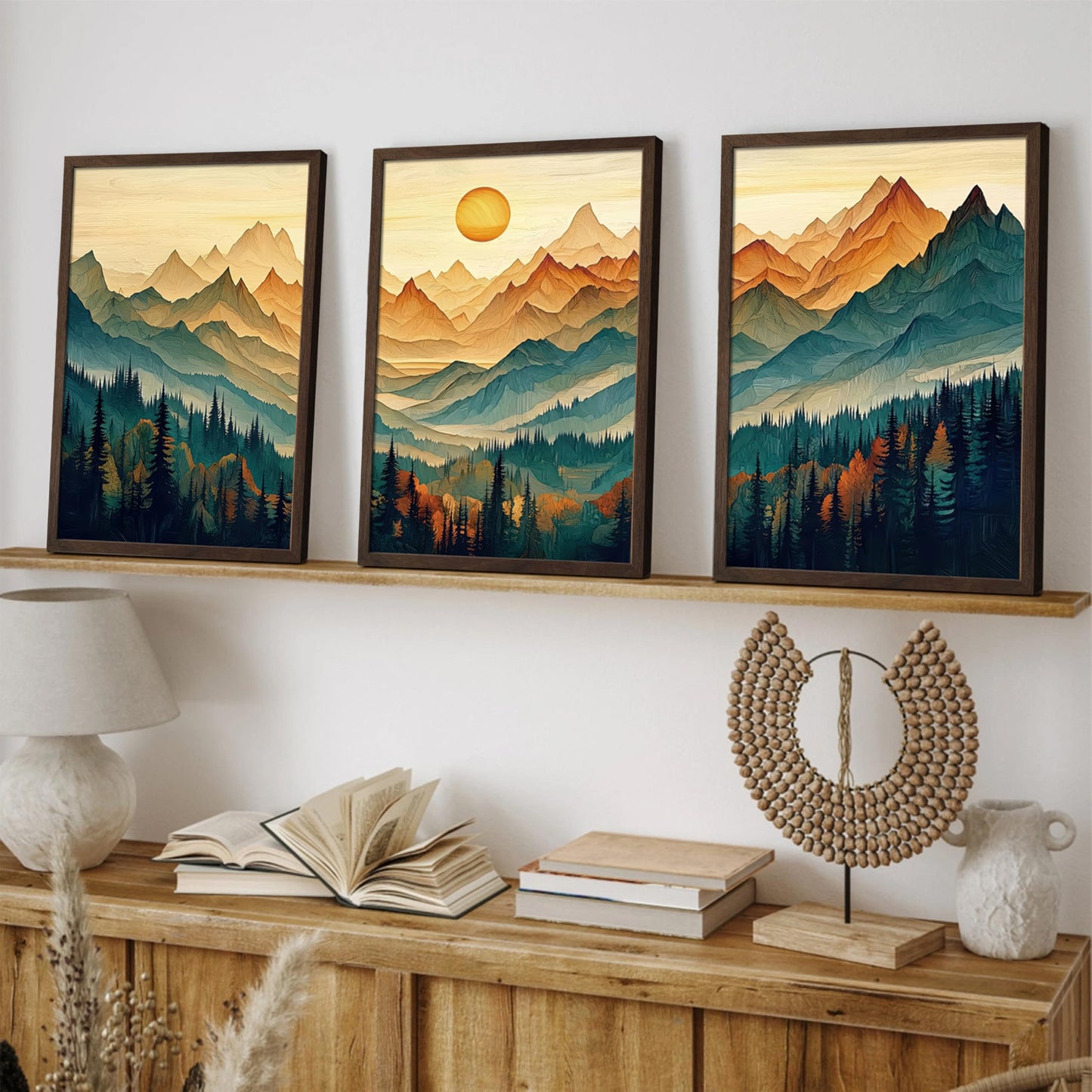 Framed Boho Wall Art Set of 3, Boho Wall Decor, Sunrise Mountain Canvas Prints for Living Room Decor, Large Forest Landscape Painting in Wood Frame, Pine Trees Picture for Bedroom Office 12x16 inch