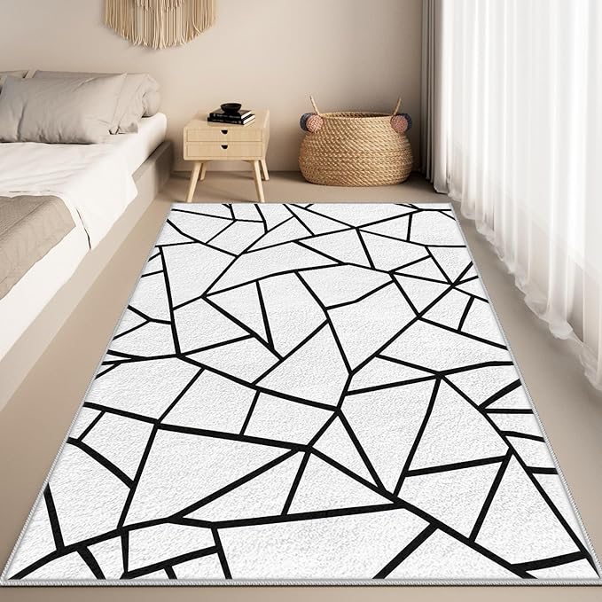 Black and White Rug, Area Rugs 5x7, Modern Abstract White and Black Rug, Geometric Rugs for Living Room Bedroom, Irregular Polygon Carpet Washable Non Slip Home Decor