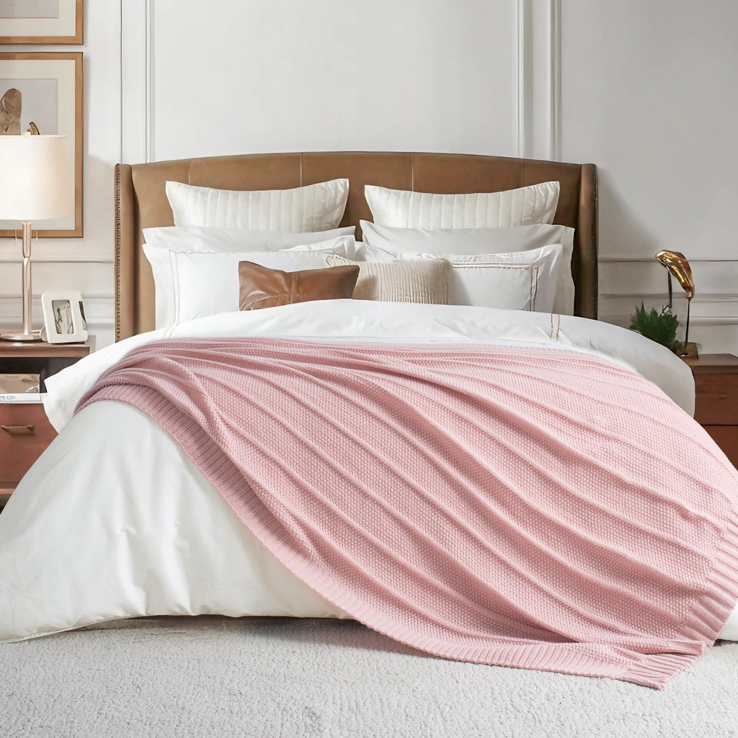 Carriediosa Knit Throw Blanket for Couch 50" X 60", Soft Cozy Stripe Pattern Cable Knitted Throws Fall Fluffy Textured Solid Home Decor Blankets Couch Cover for Bed Sofa, Dusty Pink