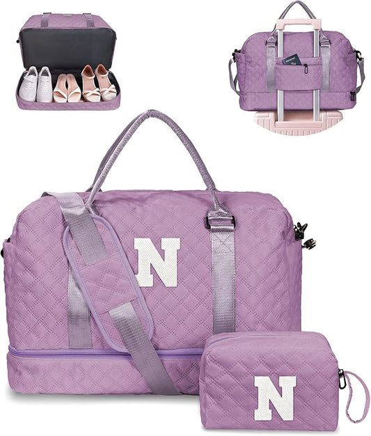 Vogewood Gifts for Sister-Travel Bag for Women Shoe Compartment, Personalized Weekender Bag, Monogram Overnight Bag, Letter Travel Bag with Makeup Bag，Sister Friend Girlfriend Gifts (Letter N)