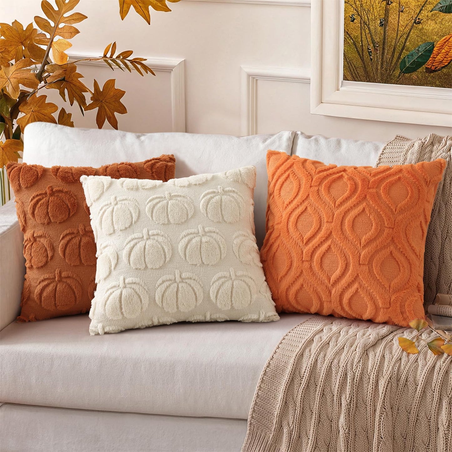 decorUhome Throw Pillow Covers 12x20 Inch Set of 2, Soft Plush Faux Wool Orange Solid Couch Pillow Covers, Accent Farmhouse Neutral Rectangle Pillow Cases for Sofa Bed Living Room