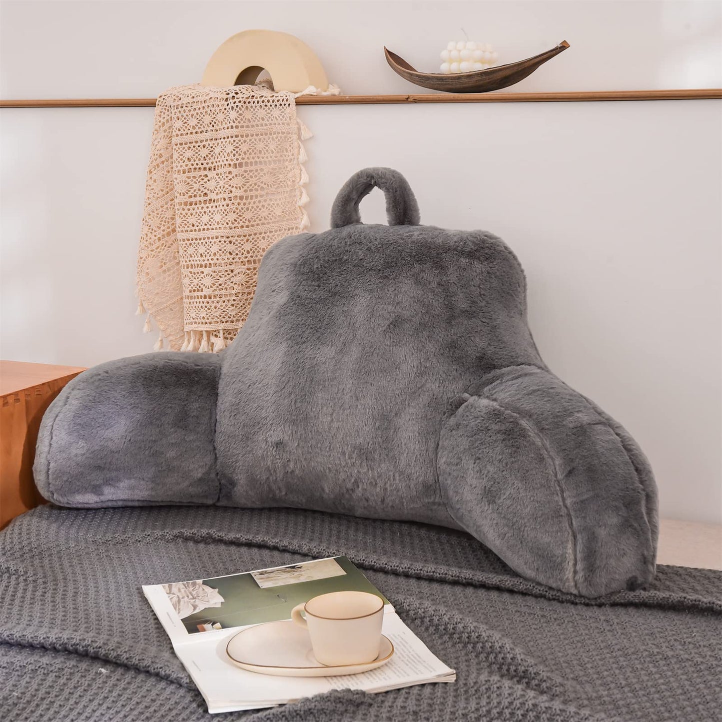 A Nice Night Faux Fur Reading Pillow Bed Wedge Large Adult Children Backrest with Arms Back Support for Sitting Up in Bed / Couch for Bedrest,Gray (Standard)